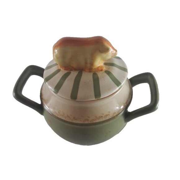 Nikko Pig Canister Jar Sugar Bowl 2 Handle Country Market Collection Green - Picture 3 of 7